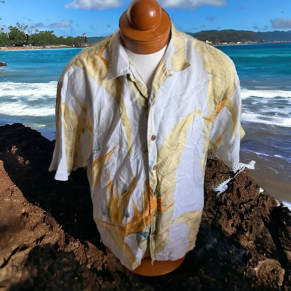 Tommy Bahama Mens Shirt Sz L Linen Blue‎ Yellow Bird of Paradise Flower Buttons